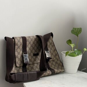Gucci Brown GG Canvas Messenger with Dark Brown Trim and Silver Hardware Vintage